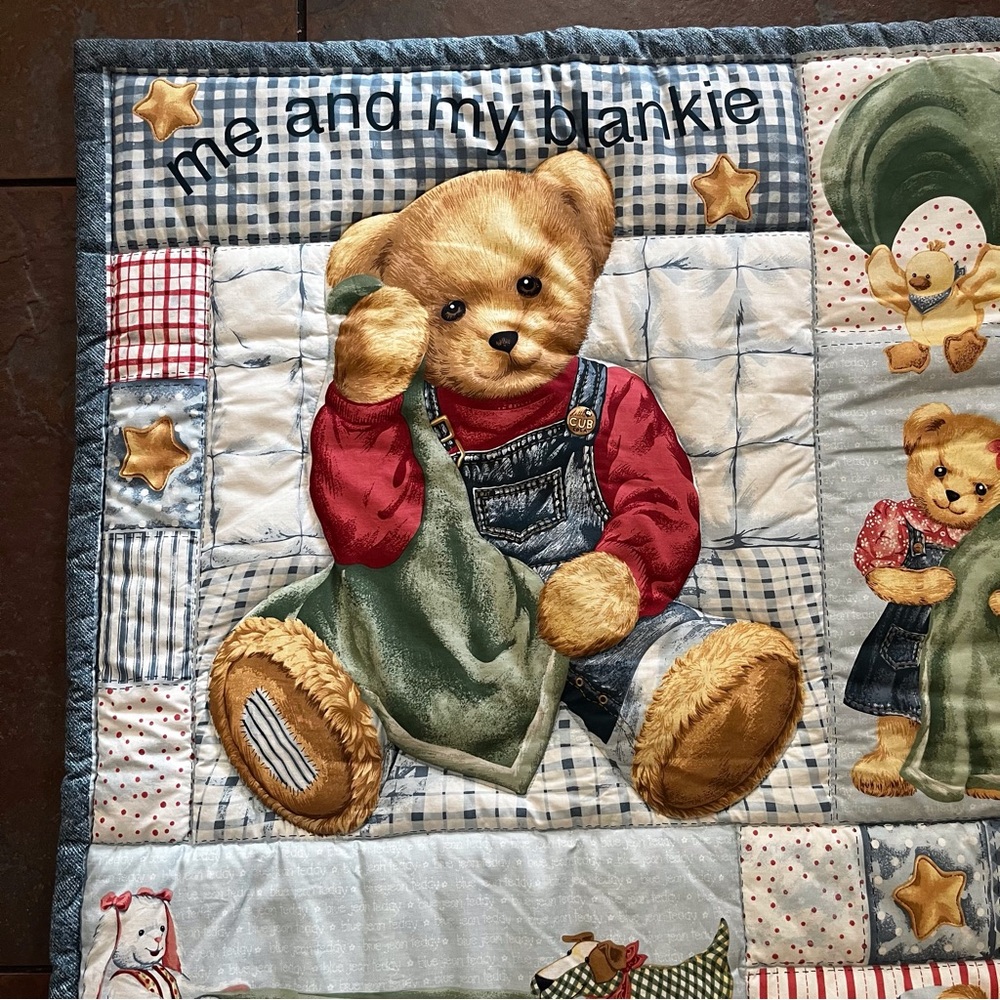 Me and My Blankie Teddy Bear Baby Quilt - Blue, Red, Green